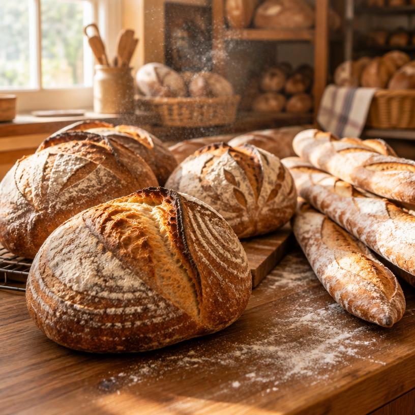 Freshly baked sourdough loaves and baguettes on a bakery counter