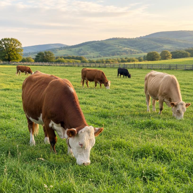 Cattle grazing on a green pasture with hills in the distance